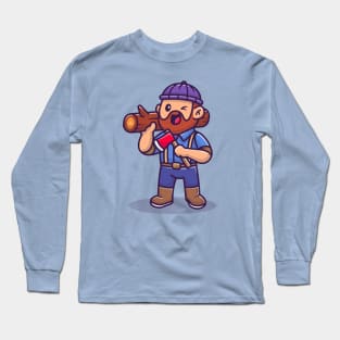 Carpenter Holding Ax And Wood Cartoon Long Sleeve T-Shirt